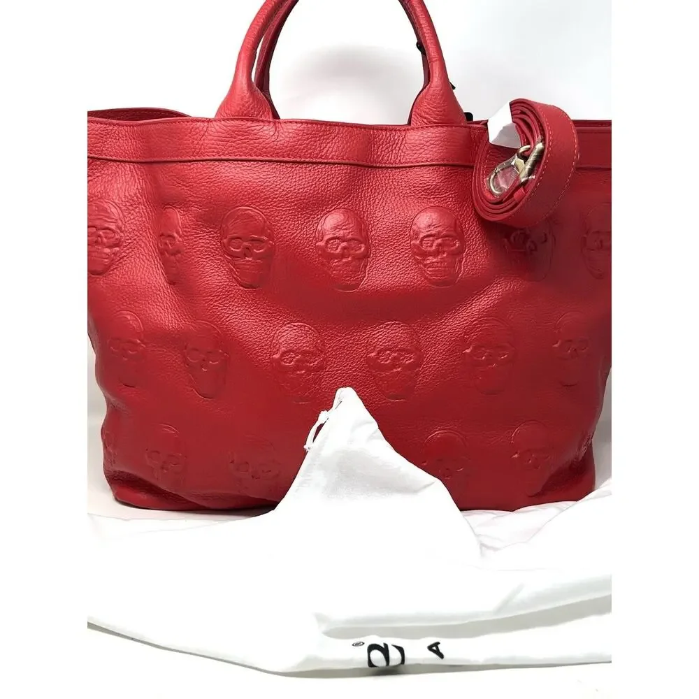 IO PELLE Italia Skull Embossed RED Leather Tote Bag XL Weekender Crossbody Strap